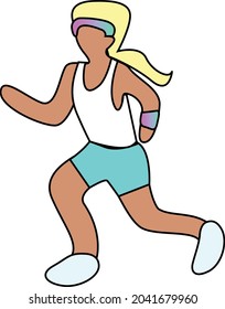 Scandinavian woman with blonde hair in low ponytail white shirt blue shorts headband wristband running vector isolated art