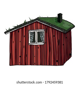 scandinavian wooden red isolated house with grass on the roof on white background svg