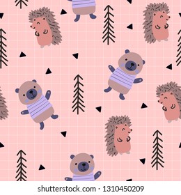 Scandinavian woodland seamless pattern with cute bear and hedgehog on the pink background. Vector illustration.