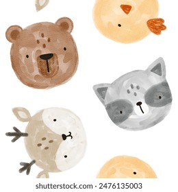 scandinavian woodland watercolor animals seamless pattern with brown teddy bear, yellow chicken, grey raccoon, beige deer. Hand drawn kids fabric and textile design