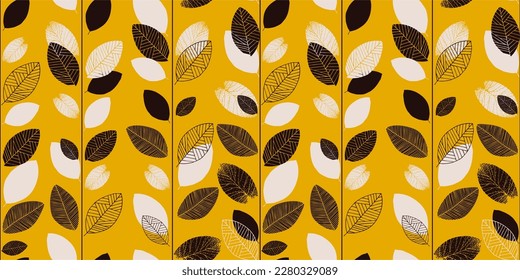 Scandinavian yellow seamless doodle pattern with vintage leaves sketch. For wrapping paper. Ideal for wallpaper, surface textures, textiles.