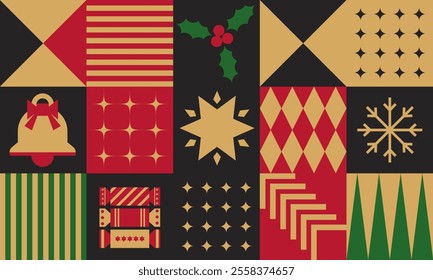 Scandinavian-inspired vector pattern featuring geometric Christmas elements like bells, stars, and holly. Great for holiday decor and print projects.