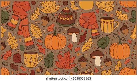 Estilo escandinavo outono padrão vetor sem costura com folhas folclóricas, animais e florais em cores rústicas quentes. Perfeito para tecidos, papéis de parede, papel de embrulho e projetos de produtos sazonais.