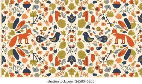 Scandinavian-style autumn seamless vector pattern with folk leaves, animals, and florals in warm rustic colors. Perfect for fabrics, wallpapers, wrapping paper, and seasonal product designs.