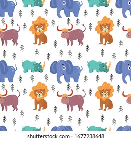 Scandinavian-style baby pattern with wild animals. rhino, elephant, lion, bull and leaves