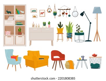 Muebles de estilo escandinavo y accesorios interiores.  Plantas, sillones, biblioteca. Ilustración vectorial.