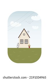 A Scandinavian-style house in nature, outside the city for a postcard.
A bright house. Summer season. Flat illustration on a light background. Rural house in vector.