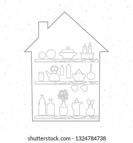 Scandinavian-style kitchenware on shelf in house. Vector illustration on white background.
