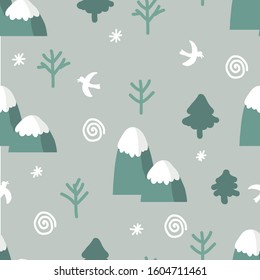 Scandinavian-style pattern with mountains, birds, trees, snowflakes on a green background. For textile, background, packaging paper, background.