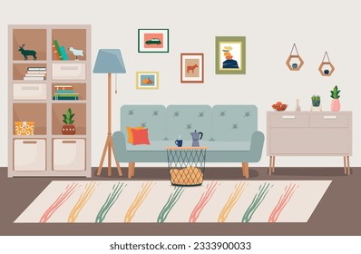 Scandinavian-style room with sofa, bookcase, shelf, coffee table, decor, plants, carpet, lamp. Vector illustration.