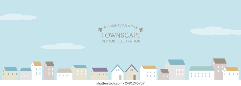 Scandinavian-style vector illustration of a townscape with simple houses lined up under a blue sky