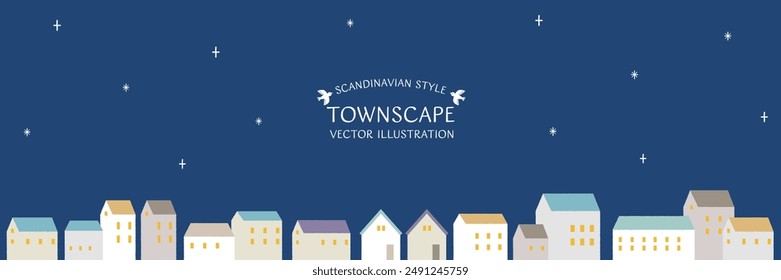 Ilustración vectorial de estilo escandinavo de un paisaje urbano con casas sencillas alineadas bajo un cielo nocturno estrellado