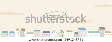 Scandinavian-style vector illustration of a townscape with simple houses lined up under an autumn sky