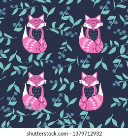 Scandinaviat folk art with fox, nordic style blockprint imitation