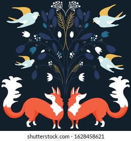 Scandinaviat folk art with fox, nordic style blockprint imitation illustration