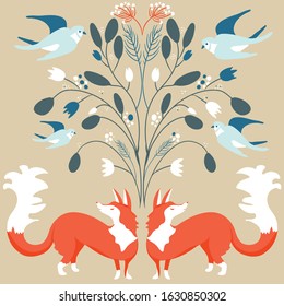 Scandinaviat folk art with fox, nordic style blockprint imitation illustration