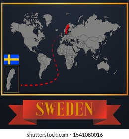 Scandinavic, European Sweden national flag, realistic globe world map blank template, solid country outline silhouette, atlas for infographic, vector illustration set, isolated object, background
