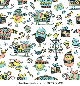 Scandinavic seamless pattern. Cute owls in winter celebration atmosphere. Christmas and presents. Cartoon image for wallpapers, postcards, your design and business