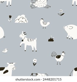 Scandi-style farm animals, seamless pattern. Cute doodle country background. Black and white countryside repeating print with chicken, cow, pig and goat. Kids flat graphic vector illustration