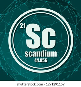 Scandium chemical element. Sign with atomic number and atomic weight. Chemical element of periodic table. Molecule And Communication Background. Connected lines with dots.