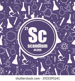 Scandium chemical element. Sign with atomic number and atomic weight. Chemical element of periodic table. Connected lines with dots. Circle frame with icons.