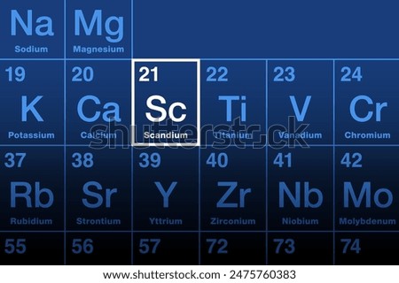 Scandium element on the periodic table. Soft metal and rare earth element with atomic number 21 and symbol Sc from Latin Scandia, meaning Scandinavia. Used in aluminium alloys for military aircrafts.