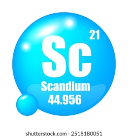 Símbolo de elemento de escandio. Sc abreviatura. Número atómico 21. Masa atómica 44.956.