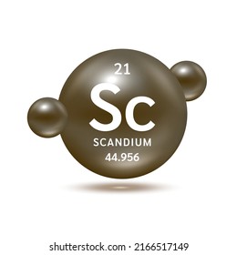 Scandium molecule models and chemical formulas scientific element. Ecology and biochemistry concept. Isolated spheres on white background. 3D Vector Illustration.