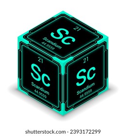 Scandium (Sc) (021) - Fundamental Element Futuristic Cybernetic Cube Block Isometric View, Icon Isolated White Background, Periodic Table, Chemical Symbol, Name, Atomic Mass, Atomic Number