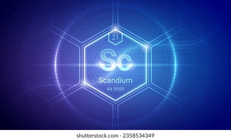 Scandium (Sc) (021) Transition Metal - Fundamental Element Futuristic Neon Light Glow Hexagon Block Grid Background Design - Periodic Table, Chemical Symbol, Name, Atomic Mass, Atomic Number