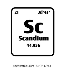 Botón Scandium (Sc) sobre fondo blanco y negro en la tabla periódica de elementos con número atómico o un concepto o experimento de ciencia química.	