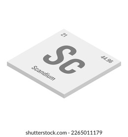 Scandium, Sc, gray 3D isometric illustration of periodic table element with name, symbol, atomic number and weight. Transition metal with various industrial uses, such as in aluminum alloys, lighting