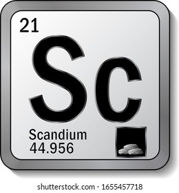 Icono de elemento de tabla periódica Scandium o Sc en la ilustración vectorial de botón metálico plateado. Etiqueta 3d con sombra suave para la etiqueta de producto químico o elemento de diseño gráfico de página web digital.