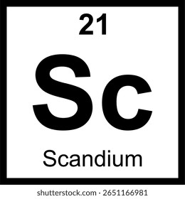 Quadro periódico de elementos Scandium (Sc). Ícone com número atômico 21. Metal de transição usado em ligas aeroespaciais de alto desempenho. Educação científica.