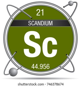 Scandium symbol inside a metal ring with colored background and spheres orbiting around. Element number 21 of the Periodic Table of the Elements - Chemistry 