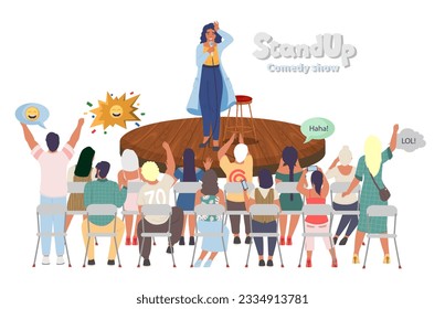 Escandup comedia muestra ilustración vectorial con artista cómica femenina contando chistes en el micrófono actuando frente al escenario ante el público