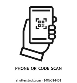 Scanner application on smartphone screen with hand. Simple design. Line vector. Isolate on white background.