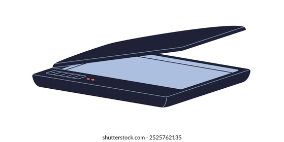 Scanner, digitalização digital e dispositivo de processamento de documentos. Máquina de mesa, material de escritório. Ferramenta de digitalização eletrônica. Equipamento de varredura, tecnologia. Ilustração de vetor plano isolada no plano de fundo branco