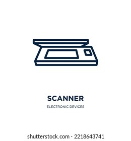 icono de escáner de la colección de dispositivos electrónicos. Escáner lineal delgado, escaneo, icono de contorno tecnológico aislado en fondo blanco. Signo de escáner de vector de línea, símbolo para web y móvil