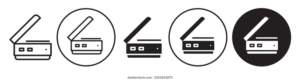 Scanner Icon. File document printer machine symbol in flat outline style. Vector set of photo copy electronic device use in stationery to scan paper sheet with ink. Logo sign of office equipment