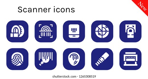 scanner icon set. 10 filled scanner icons. Simple modern icons about  - Tomography, Fingerprint, Barcode, Radar, Fingerprint scan, Metal detector, Guillotine