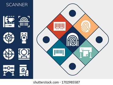 scanner icon set. 13 filled scanner icons. Included Fingerprint, Guillotine, Radar, 3d printing scanner, Fingerprint scan, Barcode, Plotter icons