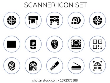 scanner icon set. 15 filled scanner icons.  Collection Of - Radar, Barcode, Plotter, Guillotine, Fingerprint, Tomography, 3d printing scanner, QR, Metal detector, Scan