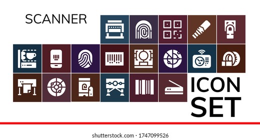scanner icon set. 19 filled scanner icons. Included Guillotine, 3d printing scanner, Plotter, Radar, Fingerprint, Barcode, Scan, Tomography, QR, Metal detector, Fingerprint scan icons
