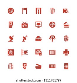 scanner icon set. Collection of 25 filled scanner icons included Fingerprint scan, Barcode, Scanner, Fingerprint, Printing machine, Scan, d printing handheld Radar, Ultrasound