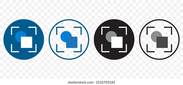 Scanner Icon Set Featuring Four Variants in Blue and Black Designs. Blue and Black Circular Designs Incorporating Square and Circle Elements in a Focused Frame for Scanning or Recognition Functions