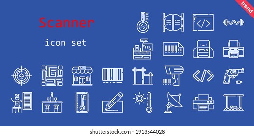 scanner icon set. line icon style. scanner related icons such as gun, edit, scanning, printer, infrared, bars, coding, bar, radar, bars code, qr code, cashier, temperature, thermometer, barcode