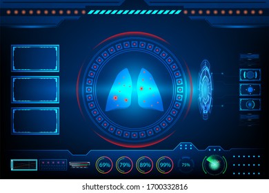 scanner infection search outbreak Coronavirus in lung (covid-19) with research AI Technology Futuristic Interface element digital innovation hi tech background vector illustration. 