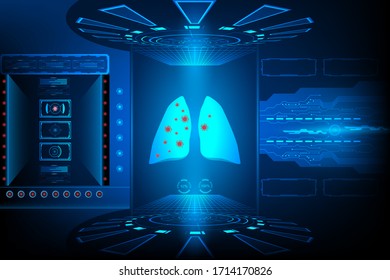 scanner infection search outbreak Coronavirus in lung (covid-19) with research AI Technology Futuristic Interface element digital design innovation hi tech background vector illustration. 