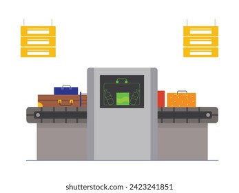 A scanner machine at the airport to check visitors' luggage. Character design. Vector flat illustration